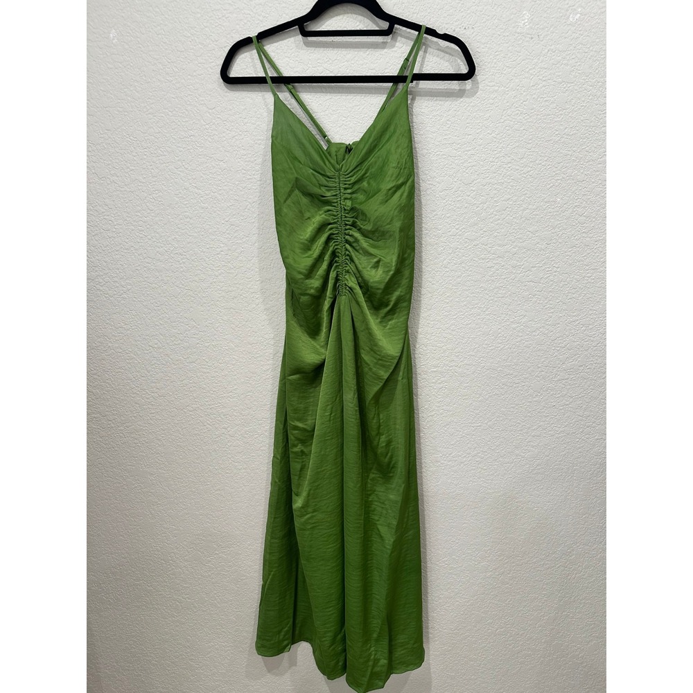 House of Harlow 1960 Green Ruched Midi Dress Womens L V-Neck Tie Back Strappy